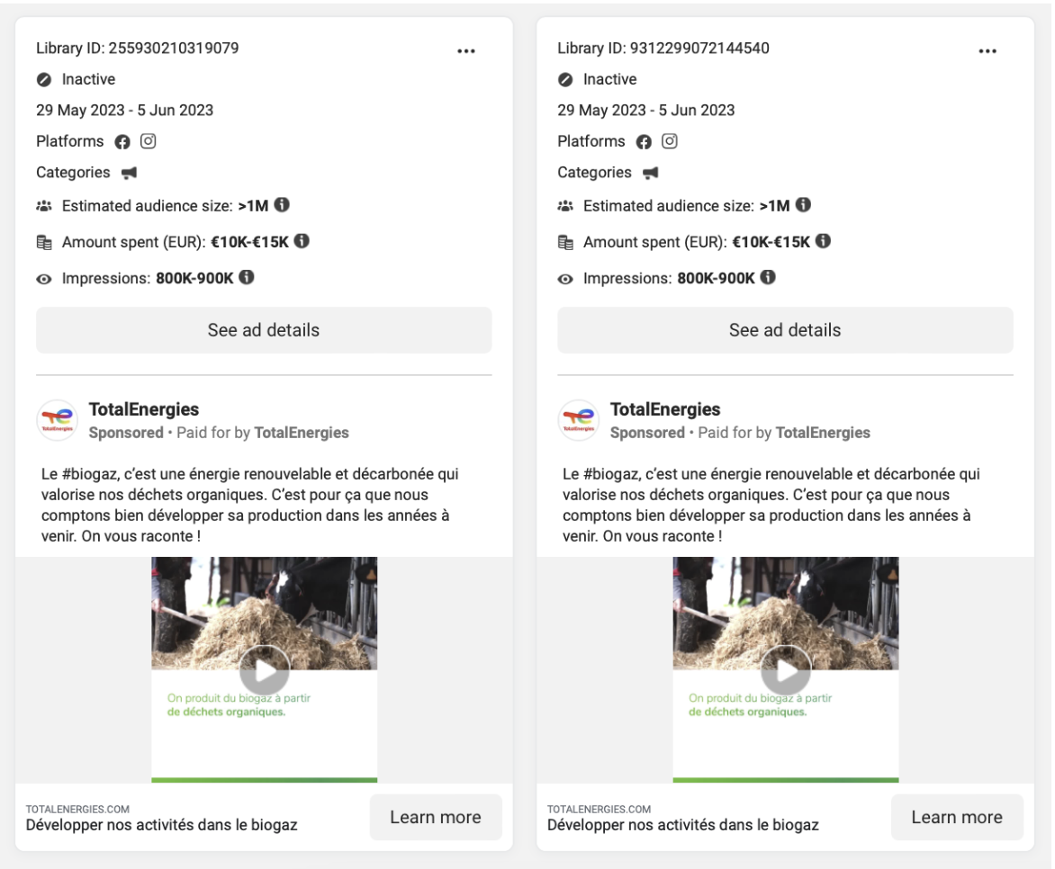 Advertisements placed on Facebook and Instagram touting biogas, paid for byTotalEnergies