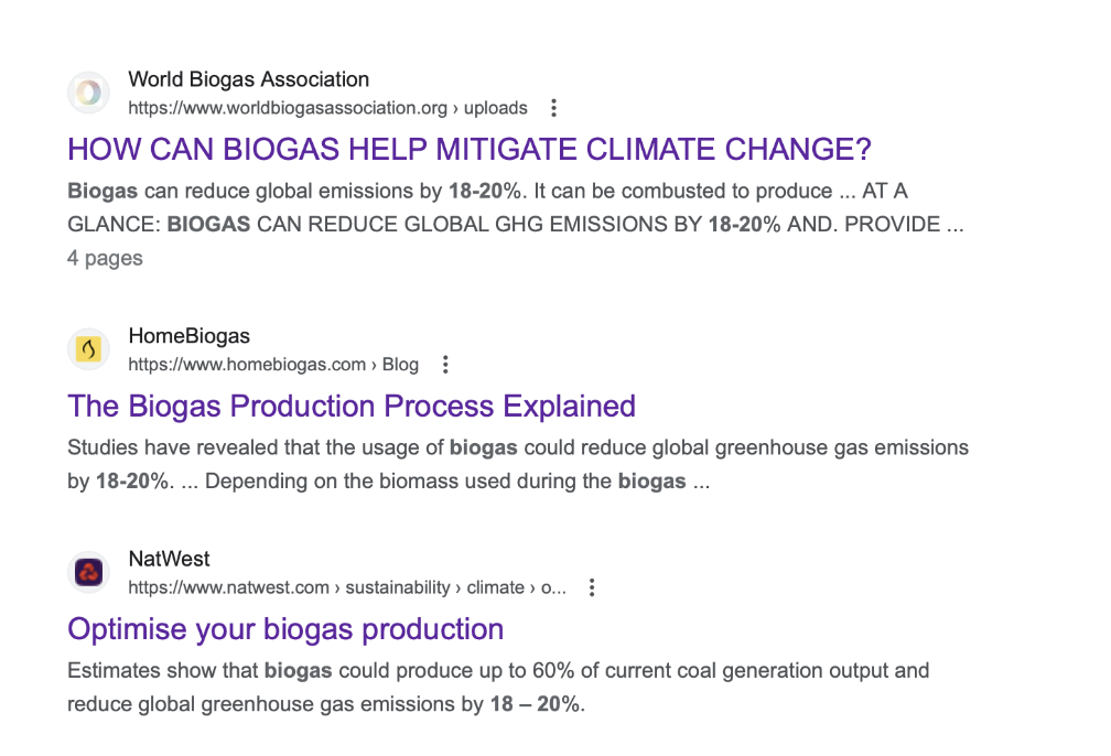 Examples of organizations citing the claim that biogas has the potential to reduce global emissions by 18-20%.